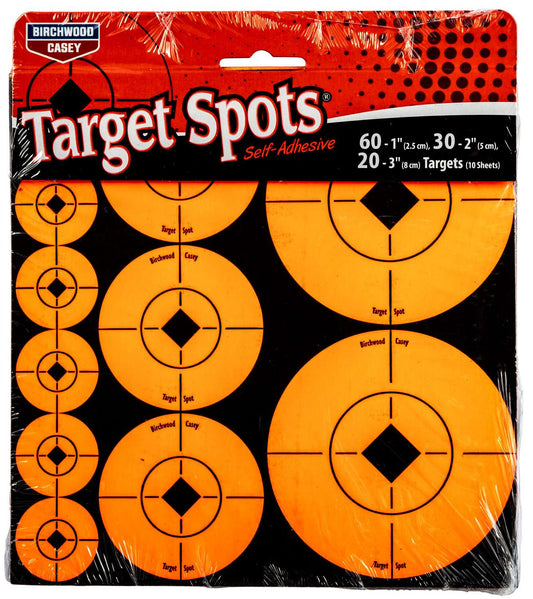 Birchwood Casey Target Spots Self-Adhesive Paper Bullseye Black Target Paper W/Orange Target 60-1"/30-2"/20-3"