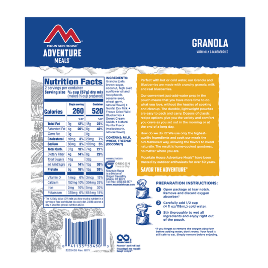 Mountain House Granola With Milk & Blueberries - Ascent Outdoors LLC