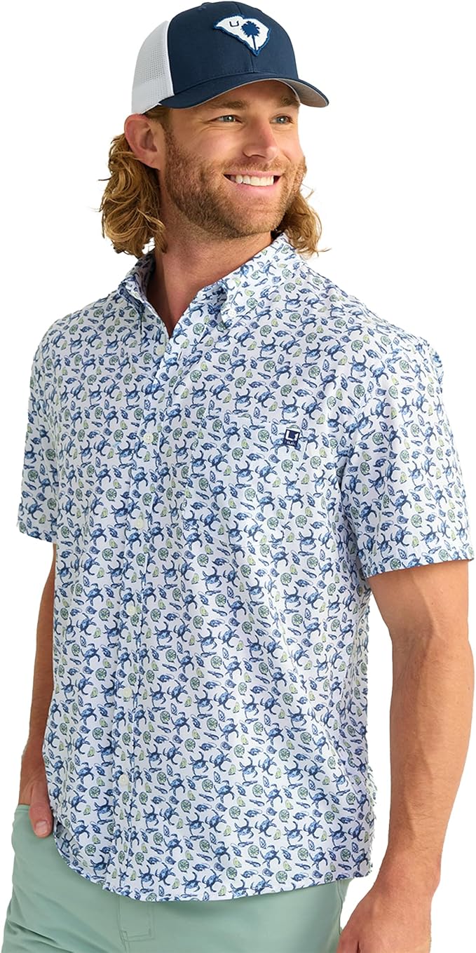 Huk Gear Kona Pattern Short Sleeve Fishing Button Down Shirt Men's