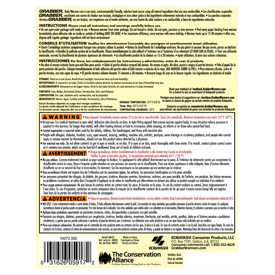 Grabber Body Warmer – 12 Hour Warmer w/Adhesive