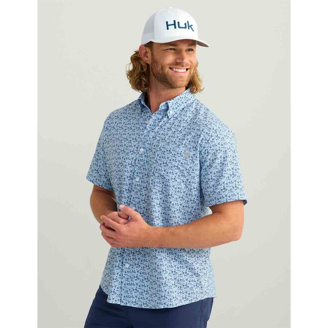Huk Gear Kona Pattern Short Sleeve Fishing Button Down Shirt Men's