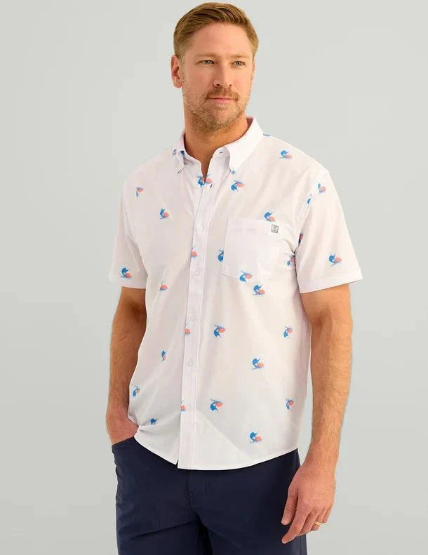 Huk Gear Kona Pattern Short Sleeve Fishing Button Down Shirt Men's