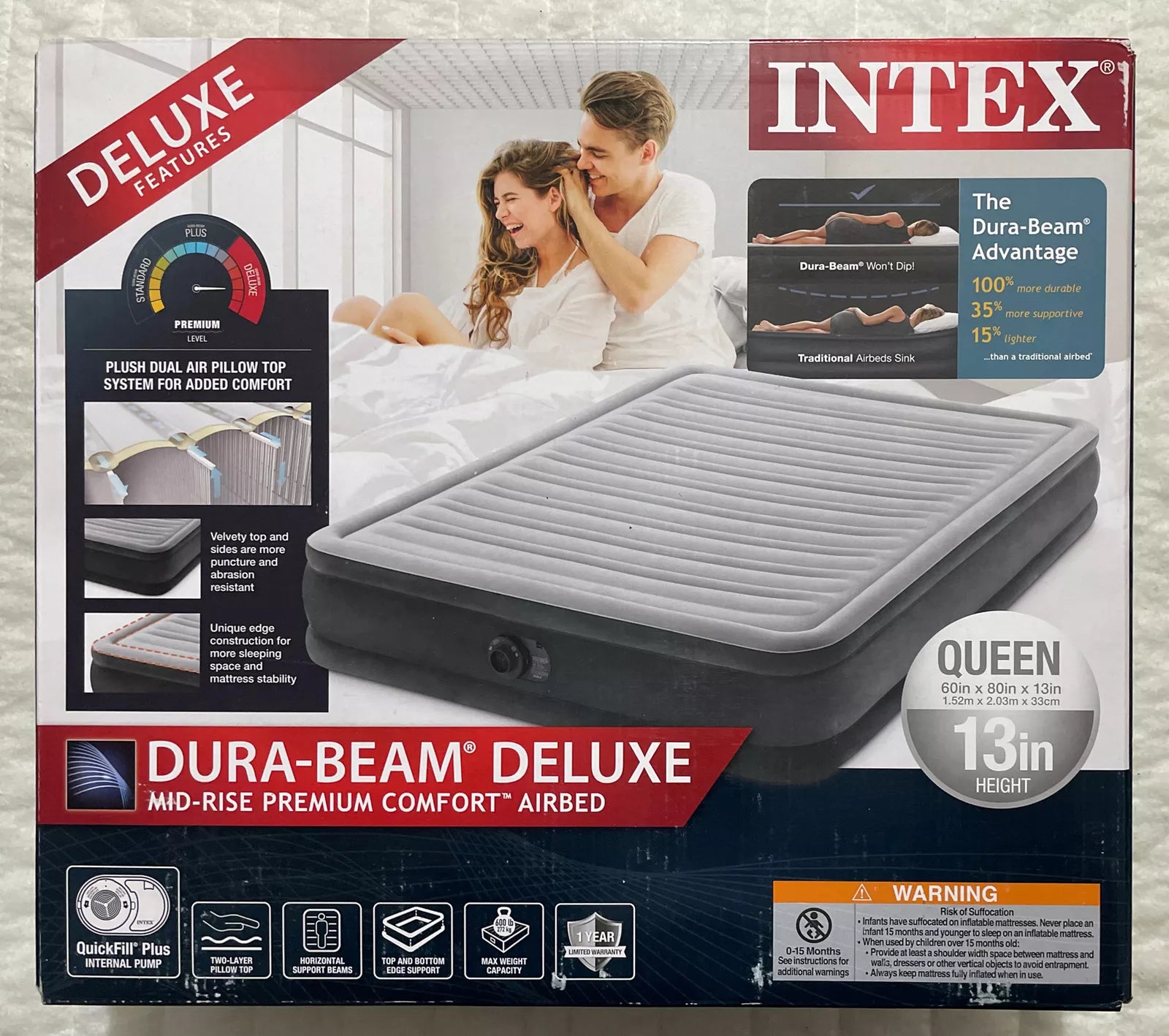 Intex Dura-Beam Deluxe Plush Comfort Queen Air Mattress Bed With Built-In Pump